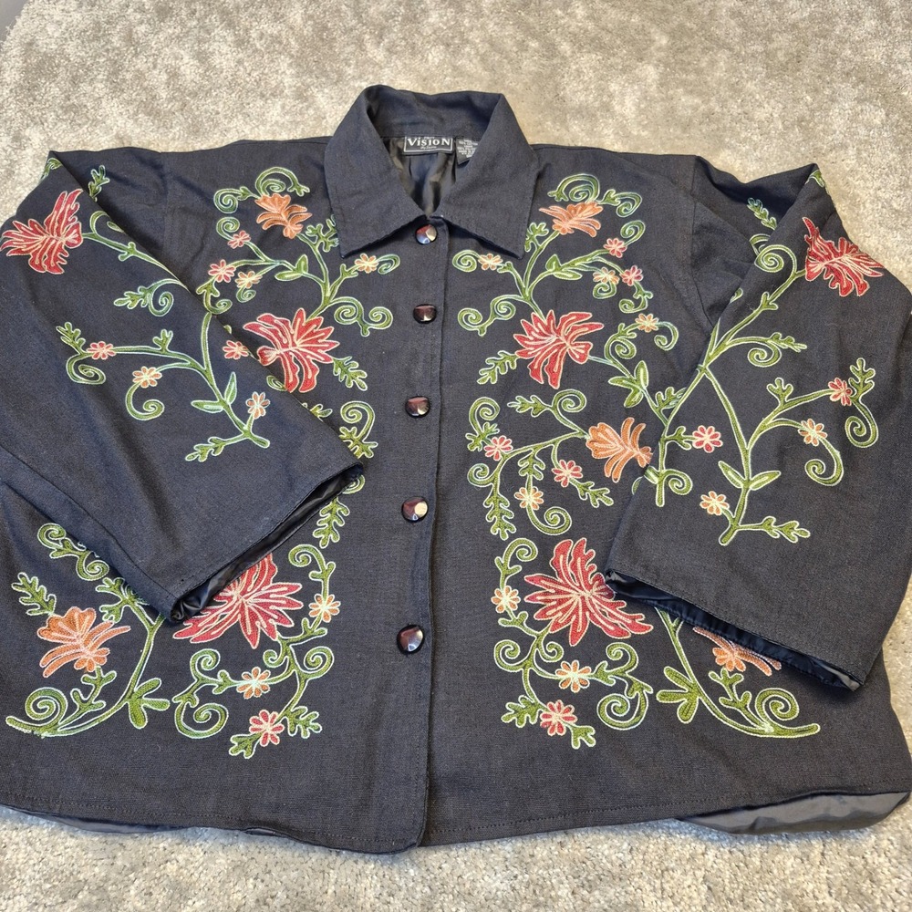 First Vision by Shirin‎ Womens XL Black Floral Embroidered Cotton Button Jacket